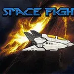 Obraz przedstawia futurystyczny statek kosmiczny z logo Space Fighter na tle rozbłysku kosmicznego