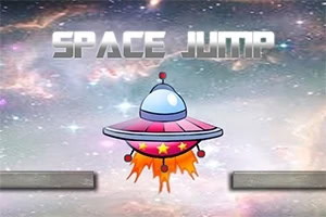 Ilustracja przedstawia kolorowy statek kosmiczny z płomieniami w tle przestrzeni kosmicznej i napisem Space Jump