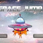 Ilustracja przedstawia kolorowy statek kosmiczny z płomieniami w tle przestrzeni kosmicznej i napisem Space Jump