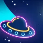Statek kosmiczny w neonowych kolorach w pobliżu asteroidy i gwiazd na tle kosmosu