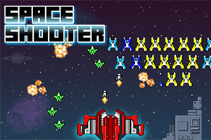 Czerwony statek kosmiczny strzela do formacji kolorowych obcych w przestrzeni kosmicznej z napisem Space Shooter w lewym górnym rogu