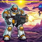 Kosmiczny żołnierz w ciężkim pancerzu trzyma broń na obcej planecie o kolorowym, fantastycznym niebie, z unoszącymi się robotami i górami w tle