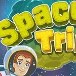 Napisy Space Trip na tle kosmosu z planetami i astronautą