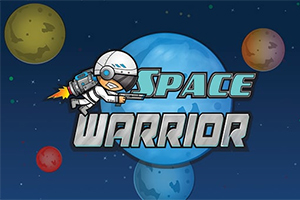 Astronauta w skafandrze z plecakiem odrzutowym na tle niebieskiej planety i kolorowych planet w przestrzeni kosmicznej, z napisem Space Warrior