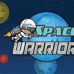 Astronauta w skafandrze z plecakiem odrzutowym na tle niebieskiej planety i kolorowych planet w przestrzeni kosmicznej, z napisem Space Warrior