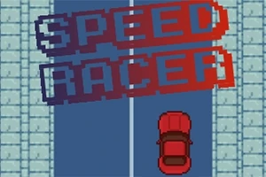 Czerwony samochód na niebieskiej drodze, z dużym napisem SPEED RACER w tle