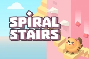 Napis Spiral Stairs na tle spiralnych schodów z uśmiechniętym, kreskówkowym zwierzakiem po prawej stronie