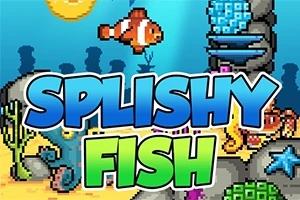 Napis Splishy Fish na tle podwodnego świata z kolorową rybką i rafą koralową