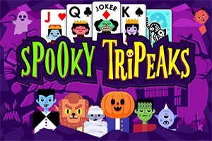 Kolorowa grafika z kartami do gry i postaciami potworów na tle nawiedzonego domu z napisem Spooky TriPeaks