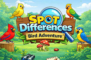 Kolorowa ilustracja z trzema ptakami wokół drewnianego szyldu „SPOT Differences Bird Adventure, na tle zielonego lasu z lupą i grzybami