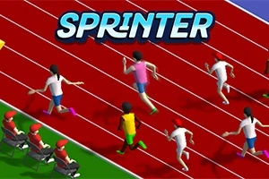 Sprinter Postacie biegnące po bieżni lekkoatletycznej w stylu kreskówkowym z napisem Sprinter u góry