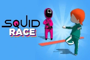 Postacie z kreskówki w kolorowych strojach na niebieskim tle z napisem „Squid Race”