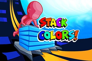 Różowa postać układającą niebieskie klocki z kolorowym napisem Stack Colors!
