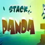 Postać pandy zawieszona nad stosami złotych bloków na tle w zielono-niebieskich odcieniach z dużym napisem STACK PANDA