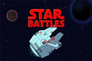 Statek kosmiczny lecący w przestrzeni kosmicznej z czerwonym napisem Star Battles na tle gwiazd i dwóch planet