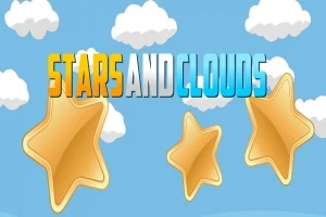 Niebieskie tło z białymi chmurami i trzema złotymi gwiazdami oraz kolorowym napisem Stars and Clouds