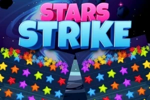 Kolorowe gwiazdki w różnych rzędach na niebieskim tle z dużymi napisami STARS i STRIKE na górze