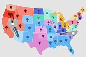 Kolorowa mapa USA z podziałem na stany, z różnymi ikonami na każdym stanie
