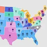 Kolorowa mapa USA z podziałem na stany, z różnymi ikonami na każdym stanie