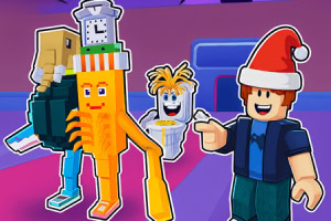 Kolorowe, klockowe postacie w stylu kreskówkowym, w tym jedna z pomarańczowym ciałem i zegarem na głowie oraz inna w czapce Mikołaja, stojące w wirtualnym, neonowym otoczeniu