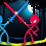 Dwie postacie w stylu stickman, niebieska i czerwona, walczące na miecze przed lasem oświetlonym księżycem