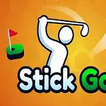 Postać wykonująca zamach golfowy, latająca piłeczka i mała flaga na pomarańczowym tle