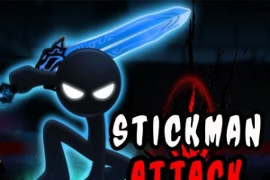 Czarna postać stickmana z jasnymi oczami i świecącym niebieskim mieczem na ciemnym tle z napisami Stickman Attack