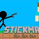 Czarna postać stickmana z pistoletem celuje w postać o kwadratowej głowie i pikselowej grafice na niebieskim tle, z podpisem STICKMAN Bam Bam Bam na dole