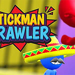Napis Stickman Brawler na tle z żółtymi i fioletowymi elementami, z postacią w sombrero i z wąsami