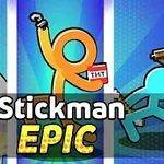 Trzy stickmanowe postacie na kolorowym tle, każda z innym atrybutem (miecz, TNT, sztanga) oraz napis Stickman Epic