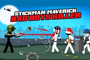 Czarny stickman z zielonym hełmem strzela do białych stickmanów, za pomocą lasera, na tle niebieskiego nieba z helikopterem