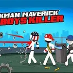 Czarny stickman z zielonym hełmem strzela do białych stickmanów, za pomocą lasera, na tle niebieskiego nieba z helikopterem