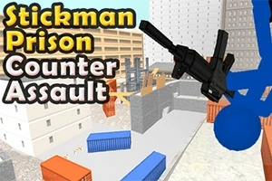 Niebieski ludzik z karabinem na tle miejskiego krajobrazu z kontenerami i budynkami, obok tekstu Stickman Prison Counter Assault