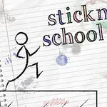 Czarny ludzik z patyczków biegnący po kartce w linię z kolorowym napisem w tle