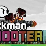 Postać w stylu stickmana strzelająca z karabinu na tle chmur i napisu Stickman Shooter