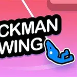 Różowy gradientowy tło z białym napisem STICKMAN SWING oraz niebieską postacią wiszącą na linie po prawej stronie