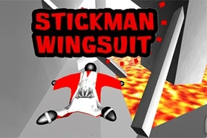 Czarny stickman w czerwono-białym kombinezonie wingsuit leci nad pomarańczową lawą, w tle szare, ostre kształty i napis STICKMAN WINGSUIT