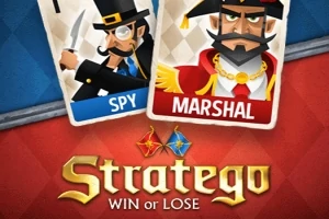 Dwie karty postaci z napisami Spy i Marshal na tle z logo Stratego
