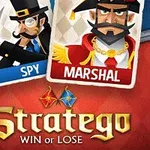 Dwie karty postaci z napisami Spy i Marshal na tle z logo Stratego