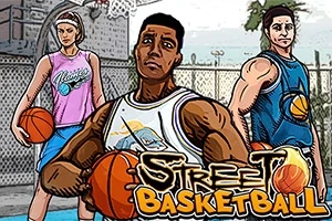 Trzy postacie w strojach sportowych z piłkami do koszykówki na boisku z graffiti i ogrodzeniem w tle, tekst Street Basketball na dole