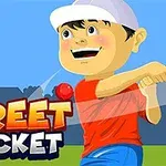 Chłopiec w białej czapce uderza czerwoną piłkę do krykieta na tle niebieskiego nieba, z kolorowym napisem Street Cricket obok