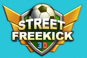 Piłka nożna umieszczona na tarczy z napisem Street Freekick 3D oraz złotymi skrzydłami na tle w kolorze niebieskim