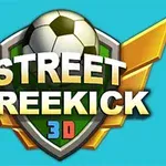 Piłka nożna umieszczona na tarczy z napisem Street Freekick 3D oraz złotymi skrzydłami na tle w kolorze niebieskim