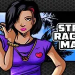 Kobieta o ciemnych włosach w fioletowej koszulce z sercem na tle palm i napisu Street Racing Mania