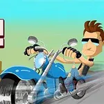 Postać na motorze w okularach przeciwsłonecznych, jadąca szybko na niebieskim motocyklu z napisem Stud Rider w tle
