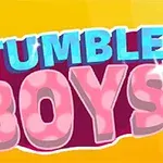 Napis STUMBLE BOYS na żółtym tle z małą postacią biegnącą nad napisem