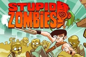 Mężczyzna z bronią otoczony przez zielone zombie na tle miasta z dużymi, czerwonymi literami Stupid Zombies