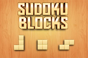 Napis Sudoku Blocks w złotych literach na tle drewnianej tekstury z trzema układami kwadratowych bloków poniżej