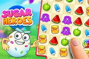 Kolorowa plansza z owocami i słodyczami, postać o wyglądzie jajka z kropkami oraz napis Sugar Heroes