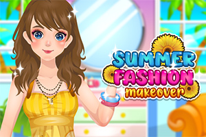 Dziewczyna z brązowymi włosami nosi żółtą sukienkę, na tle kolorowego wnętrza z lustrem i napisem Summer Fashion Makeover